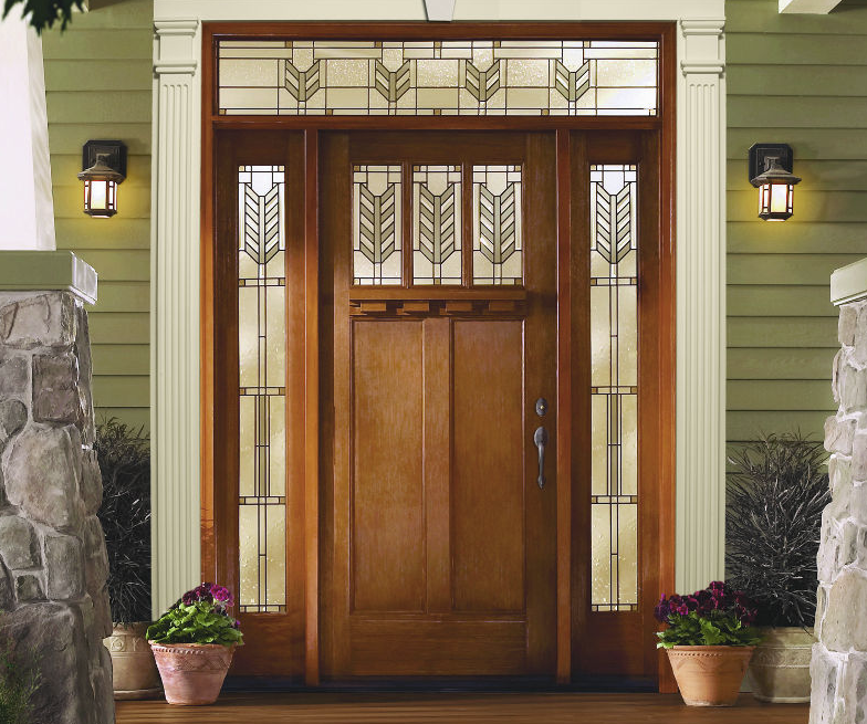 Exterior entry door with decorative glass and sidelites